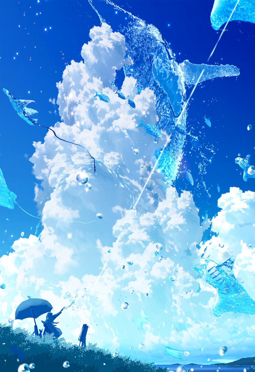 blue theme cloud sky umbrella scenery outdoors 1girl  illustration images