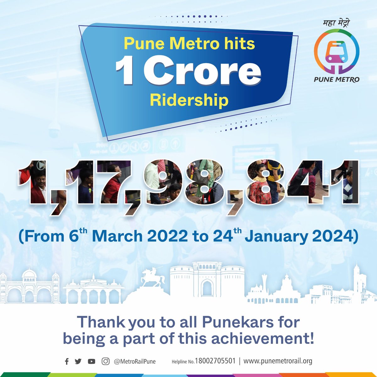 पुणे मेट्रोच्या प्रवासी संख्येने १ करोडचा टप्पा पार केला... 

We've reached a significant milestone in ridership!

Join the journey and experience the convenience of Pune Metro – a reliable and efficient travel system. 

#metromilestone #ridership #ChooseMetro #ConvenientCommute