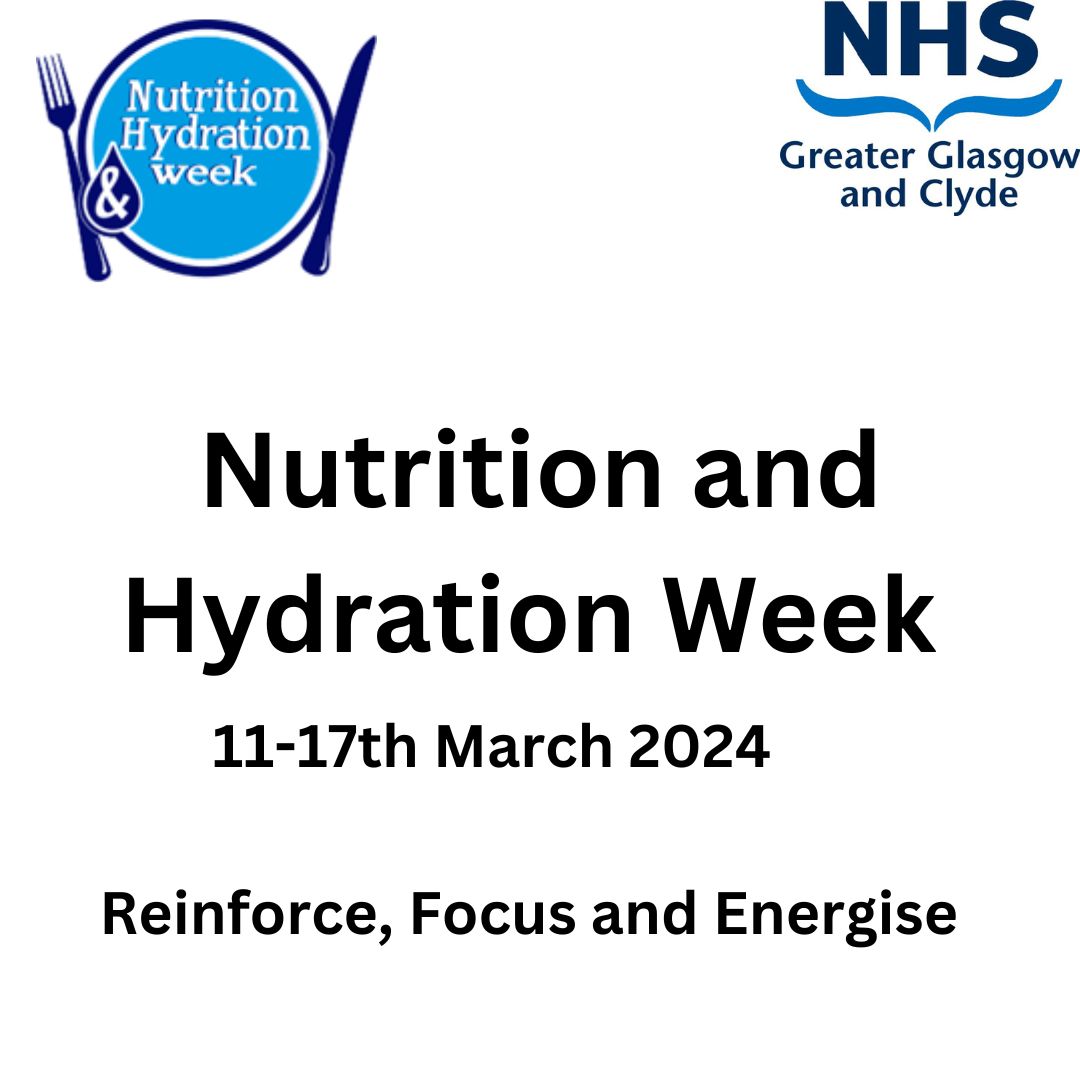 Get ready for: Nutrition and Hydration Week 11-17th March 2024 It aims to help people understand the importance of nutrition and hydration in health and social care. It’s fun and its free to join Check out the website for resources nutritionandhydrationweek.co.uk @NHSGGC