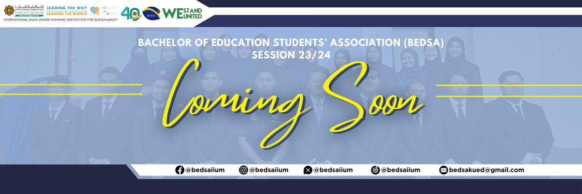 [BEDSA 23/24: COMING SOON] 

Assalammualaikum wbt and hello KOEDians! 

Stay tuned on the new lineup of Bachelor of Education Students’ Association (BEDSA) 2023/2024! 

Don’t forget to turn on your notification as you won’t want to miss it 🤩