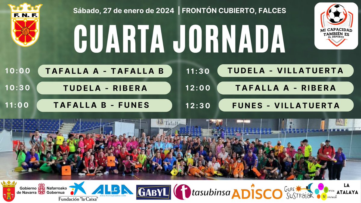 💪 ¡Vuelve #MiCapacidadTambiénEsElDeporte!

Este sábado, Mutilva y Falces acogen la cuarta jornada de esta competición que integran más de un centenar de integrantes de <a href="/Tasubinsa/">TASUBINSA</a>, <a href="/adiscorella/">ADISCO</a>, <a href="/GureSustraiak/">Gure Sustraiak</a>, La Atalaya y Torre Monreal 👇   

futnavarra.es/pnfg/NNws_ShwN…