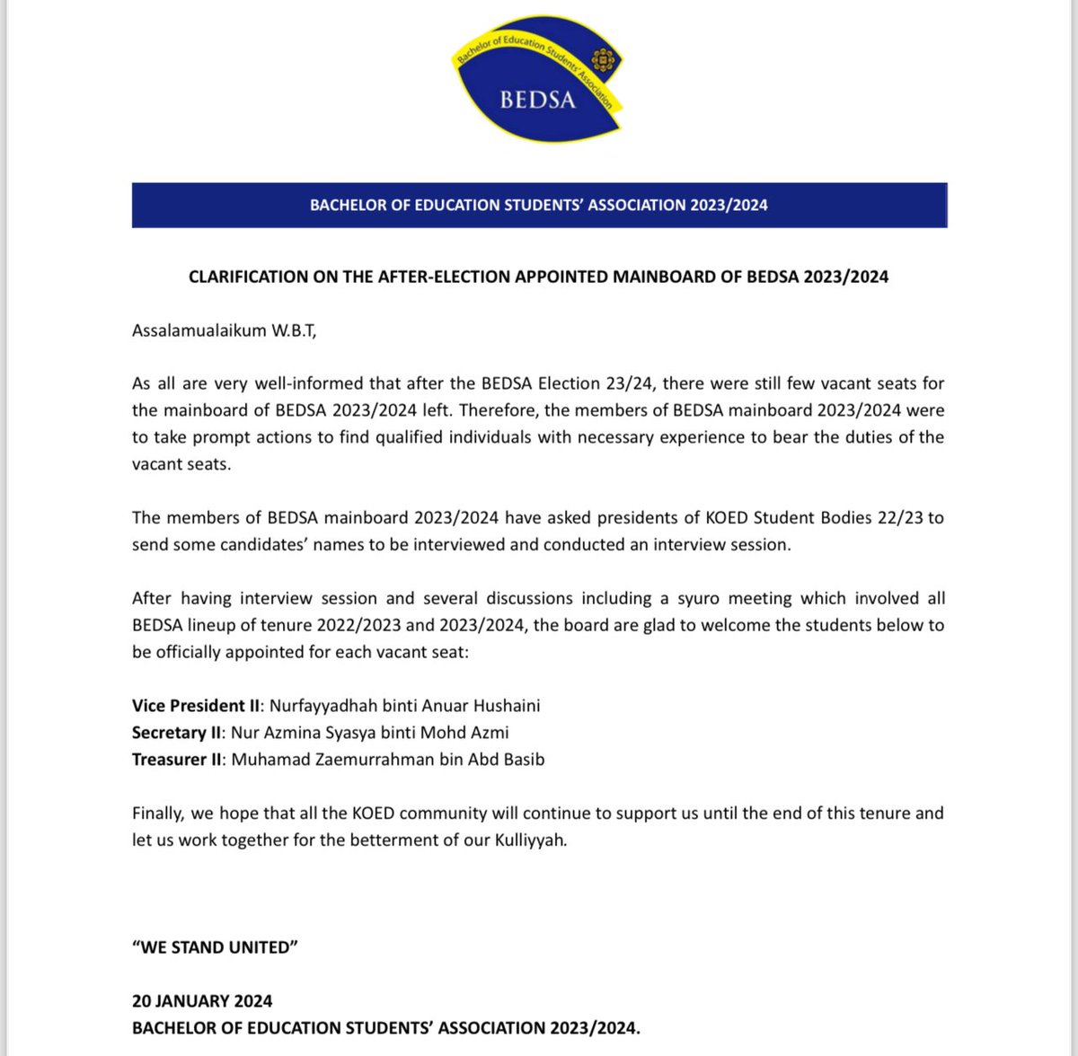 As all are informed that after the BEDSA Election, there were still few vacant seats for mainboard left. Therefore, the mainboard of Bedsa 23/24 were to take prompt actions to welcome students mentioned to be officially appointed as part of the mainboard.