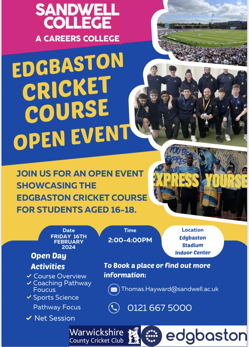 🚨Edgbaston Cricket Education Programme Open Event 🚨 Friday 16th February, 2pm-4pm @Edgbaston Would you like to study at a world class and iconic sporting venue? 🏏🧑‍🎓🏟️ To register please email-Thomas.Hayward@sandwell.ac.uk edgbaston.com/edgbaston-spor…