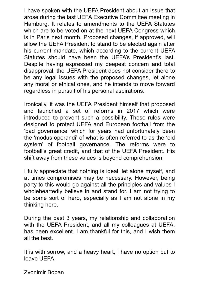 Huge split developing within Uefa, as Boban takes a string and principled stance on Ceferin’s attempts to change statutes

Last 24 hours understood to be frantic