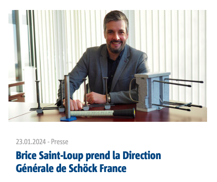 #CommuniquédePresse : Schöck France annonce la nomination de Brice Saint-Loup au poste de Directeur Général.

Découvrez notre nouveau Directeur et les défis qui rythmeront l'année 2024 de Schöck France ! #Cap2030 #EPBD #Innovation #PontsThermiques

📄schoeck.com/fr/presse/bric…