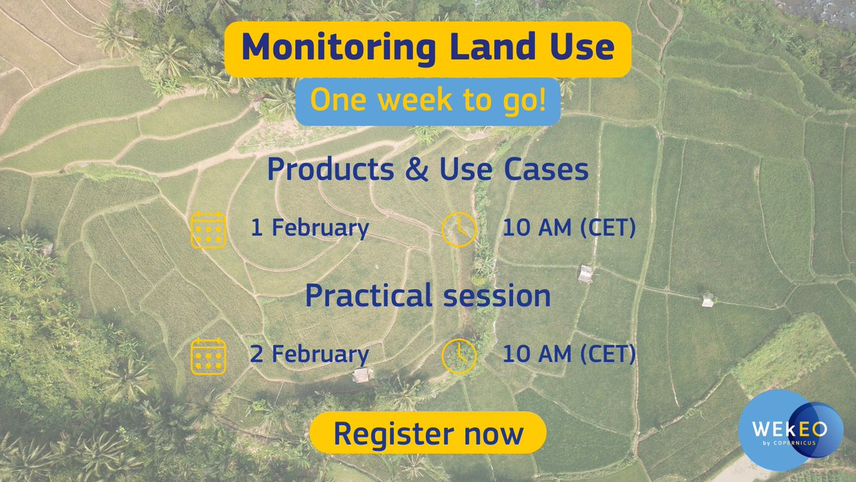 🔜 Only one week left! The 'Monitoring Land Use' workshop is just around the corner. Take the chance to enhance your #LandUse monitoring capabilities with #WEkEO. Learn how to harness models and in-situ and satellite data to improve your research! Register today