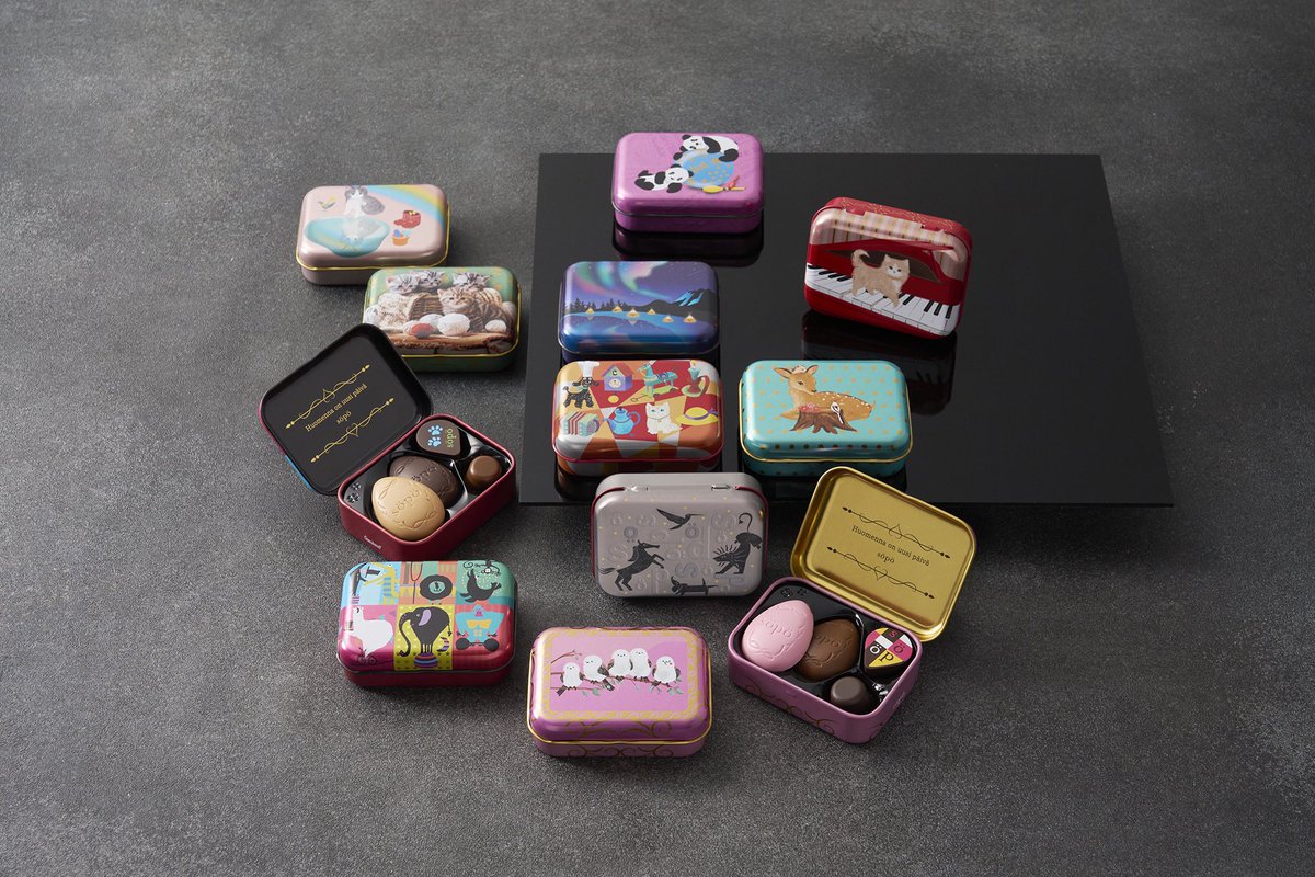 【2024バレンタインコレクション　-ソポ-】

フィンランド語で「可愛い」を意味するソポ💝
バラエティ豊かな10種類のデザインを揃えました✨
手のひらサイズの缶には、卵型のかわいいチョコレートやプリントチョコレートを詰め合わせています🥚🍫