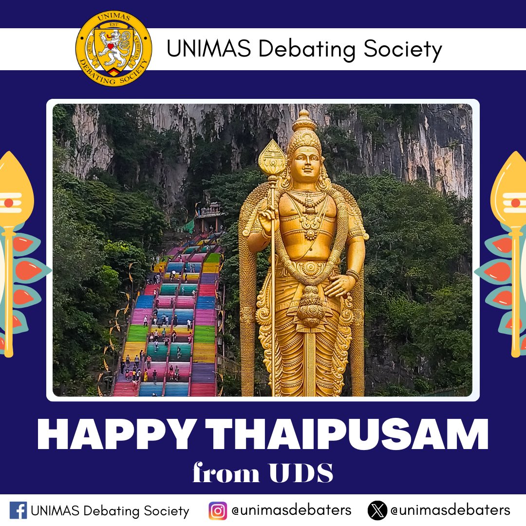 UNIMASDebaters's tweet photo. UDS wishes Happy Thaipusam to all those celebrating!

Stay safe and happy holiday!

#debate #malaysiadebate #unimas #uds #unimasdebaters #quidestveritas #thaipusam https://t.co/4lCdfRnog7