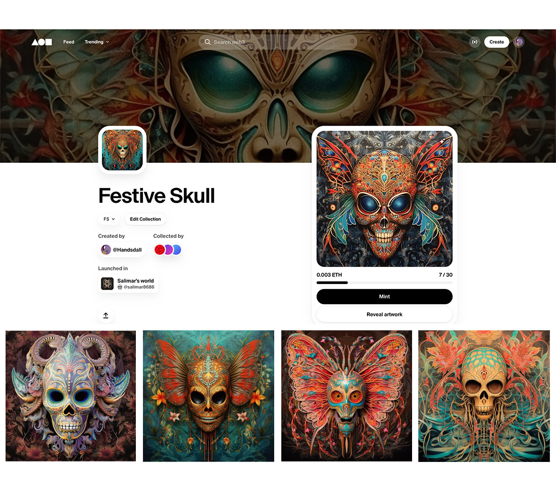 💀 Festive Skull 💀 The REVEAL is done!! ONLY 5 LEFT!! 🤗 Don’t miss the occasion to take your skull! With this series I continue my research into colors, nature, skull… and feerie! 🤗🥰 30 original NFTs 1/1 to mint - 0.003 Eth Minted 25/30 A warm thank you to all the holders