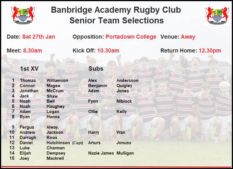 Our 1st XV squad to face Portadown College.
Schools Cup last 16 
Sat 27th Jan
at Portadown College
10.30am KO

All support would be greatly appreciated!!!