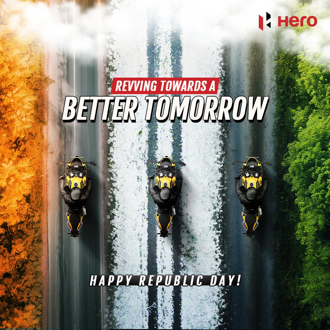 HeroMotoCorp's tweet photo. Happy Republic Day!
Let's celebrate the spirit of unity, diversity, and freedom that defines our great nation.

Saluting the resilience of our people and the values that make India truly exceptional. 
#RepublicDay #HeroMotoCorp https://t.co/YjSNOWDJru