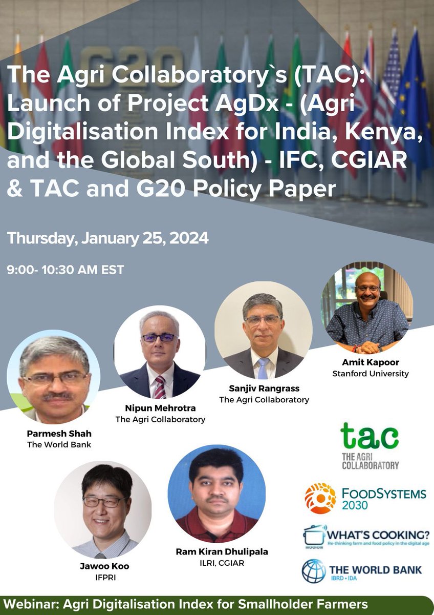 <a href="/WorldBank/">World Bank</a> &amp; <a href="/AgCollaboratory/">The Agri Collaboratory</a>  are hosting a Webinar to Launch #AgDx - Agri Digitalisation Index as a #DPG to guide policy reform, innovation, and capital flows, by assessing penetration, maturity, and impact of Digital Agri practices 

Pl join: 🌐: bitly.ws/3aKJN