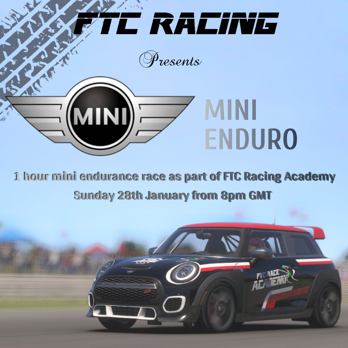 Join us from 8pm GMT this Sunday.

Our usual FTC Racing Academy event will be a Mini, mini enduro.

We'll also be hosting "levelling up" meet ups from tonight to assist in getting your car up to spec.

Head over to our discord server to get involved discord.gg/gcMg5vg