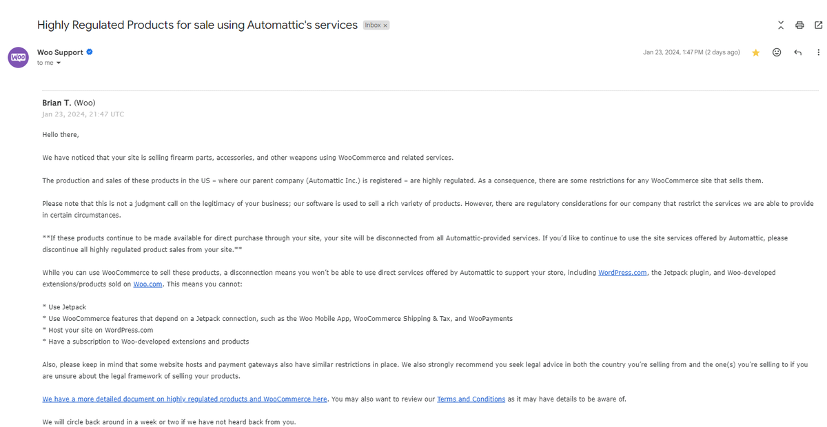KTactical's tweet photo. Just got an email from WooCommerce saying they're going to cancel all services if we continue selling "regulated" parts on our site 😤 This is America... https://t.co/vzRAddhNrD