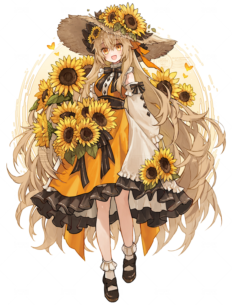 1girl flower solo sunflower hat long hair very long hair  illustration images