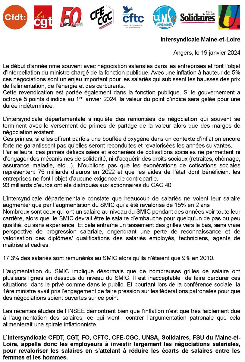 😠 Déceptions sur les 1ers résultats des négociations salariales
Des primes ponctuelles mais peu de hausses de salaires
Encore un trop grand nombre de grilles salariales en dessous du SMIC

 🗞 Retrouvez le communiqué de l'intersyndicale Maine-et-Loire