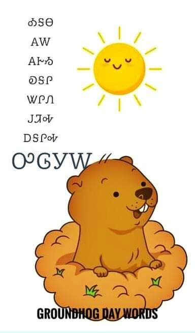 Celebrate Groundhog Day!  
GROUNDHOG DAY WORDS!
Ogana-groundhog. ᎣᎦᎾ
Gola-winter ᎪᎳ
Gogeyi - spring ᎪᎨᏱ
Kagali- February ᎧᎦᎵ
Taline - second  ᏔᎵᏁ
Gutiha - it is snowing ᎫᏘᎭ
Agaliha - it is sunny. ᎠᎦᎵᎭ
Ulogila - it is cloudy. ᎤᎶᎩᎳ