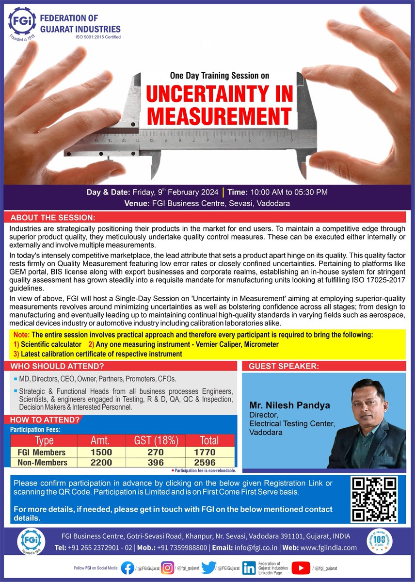 #UpcomingWorkshop 'UNCERTAINTY IN MEASUREMENT’ Training Session. Friday, 09.02.24, 10:00 AM to 05:30 PM at FGI Vadodara To confirm participation, please register here rzp.io/l/B0ZjZQHw