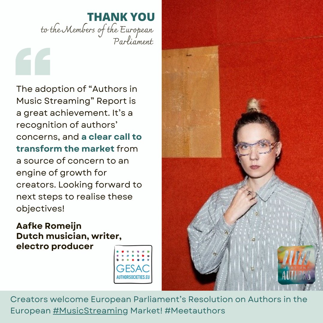 A week ago, <a href="/EUparliament/">European Parliament</a>  voted in favor of a more sustainable #MusicStreaming market 👏

European authors welcome this great achievement! 
<a href="/BumaStemra/">BumaStemra</a> 
@Ibangarciadb  <a href="/nnienass/">Niklas Nienaß</a> <a href="/laurencefarreng/">Laurence Farreng</a>