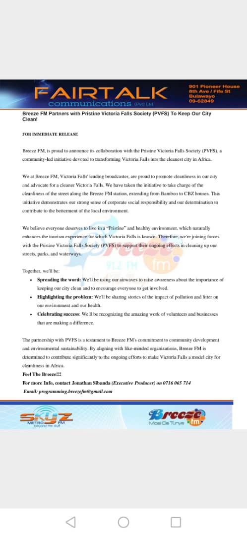We are happy to announce our Partnership with Pristine Victoria Falls Society in the initiative to make the City of Victoria Falls  the cleanest city in Africa!!!

<a href="/emauthority/">Environmental Management Authority</a> <a href="/ZtaUpdates/">Zimbabwe Tourism Authority</a> 
#FeelTheBreeze