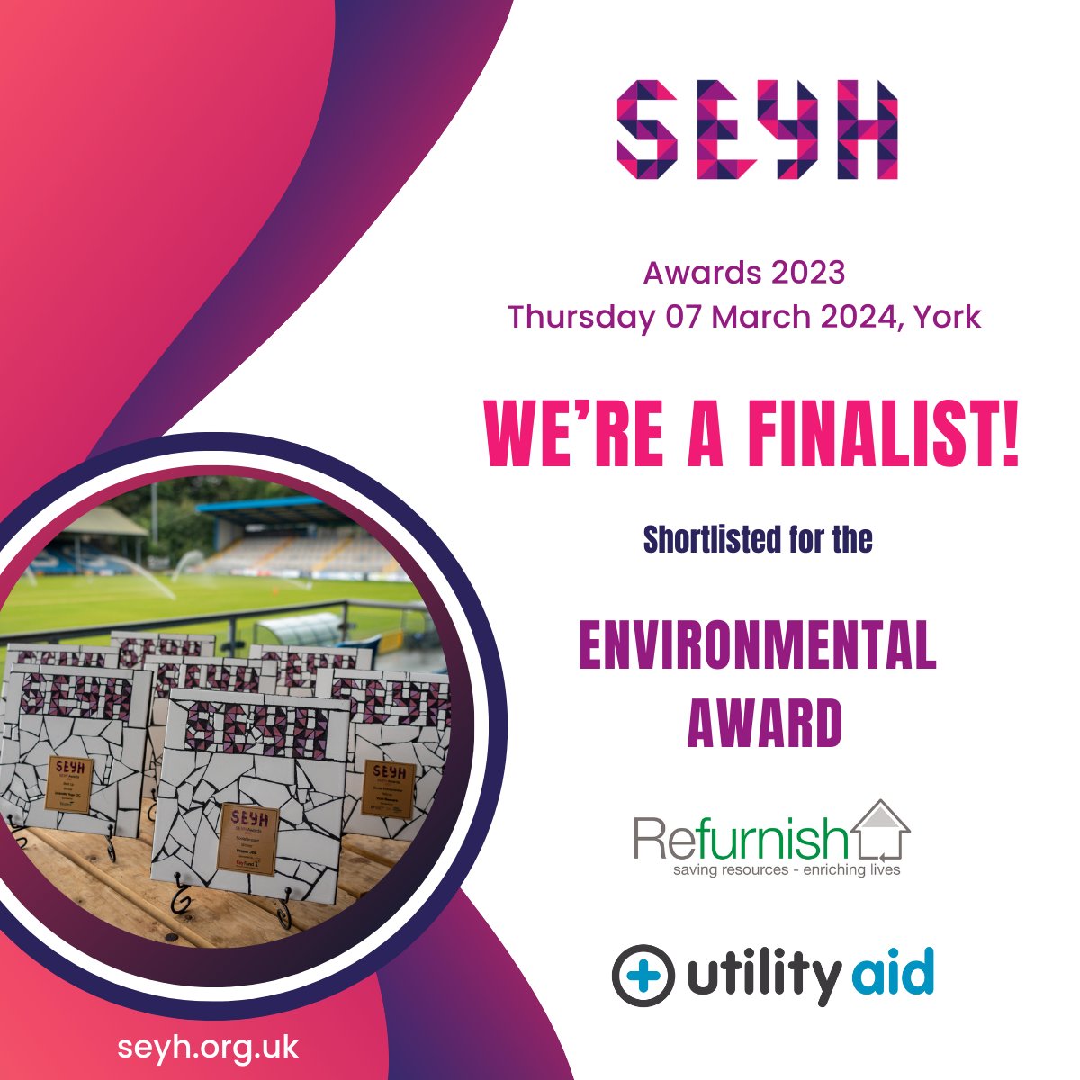 We're finalists!🎉 We've been shortlisted for the Environmental Award at @SocialEnterprYH Awards 2023. #SEYHawards