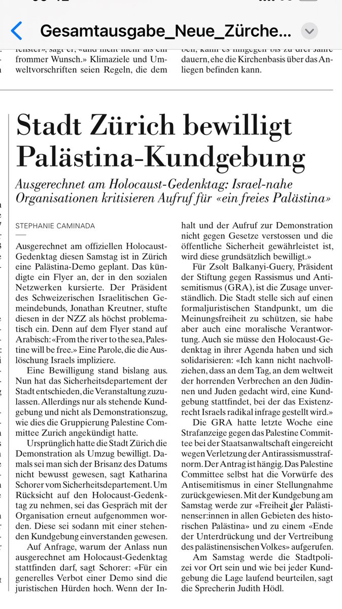 Am offiziellen Holocausterinnerungstag, also dem Gedenken an 6 Millionen ermordete jüdische Menschen, bewilligt die Stadtzürcher Regierung eine Demo. Auf dem Flyer steht: „From the river to the sea…etc.“, also Auslöschung des Staates Israel. Studiert mal ein Geschichtsbuch.