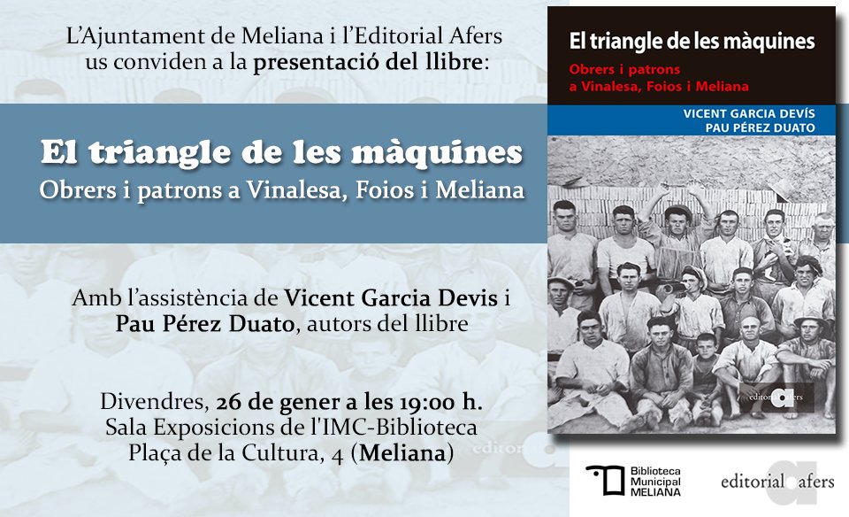 Miquel Nolla i Joana Sagrera, a Meliana. Thomas Trenor Keating, a Vinalesa... i Hugo Bacharach, a Foios. L'aventura de tres nissagues familiars, tres aventurers, que canviarien la vida en l'Horta de VLC. Divendres, en la Bibliotec de l'@Aj_Meliana 
<a href="/Pauperezduato/">Pau Perez Duato</a> <a href="/editorialafers/">editorial afers</a>