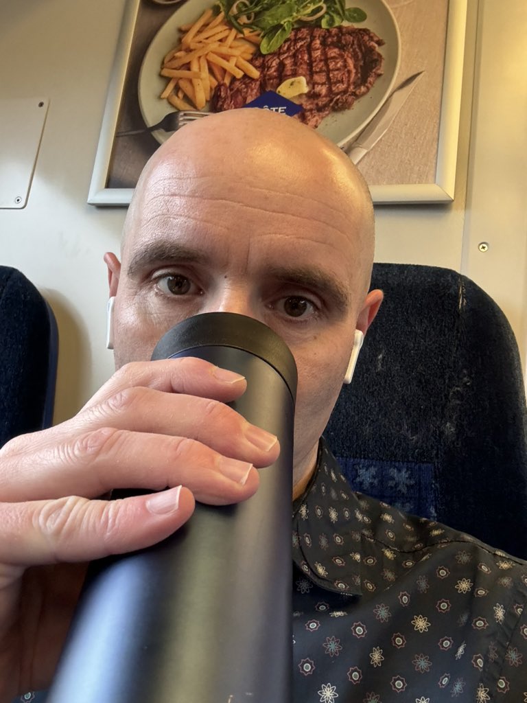 Off to #Bett2024 today, so seems a train selfie with coffee is required 🙃 Any recommendations of people / tech / presentations to see? “From pixels to pedagogy” in the #eSports arena at midday looks good #caschat