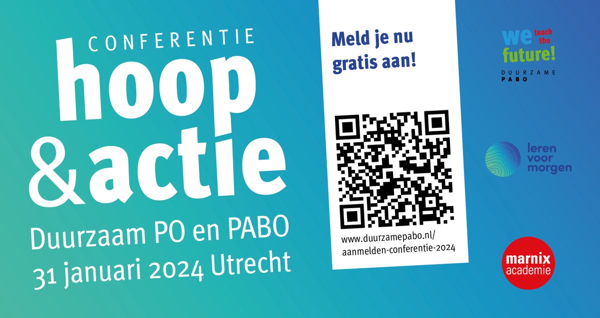 Volgende week woensdag de Duurzaam PO en PABO conferentie: hoop én actie. Organiseren we samen met @LerenvoorMorgen We hebben er zin in! Zie de conferentiepagina duurzamepabo.nl/duurzaam-po-en… voor meer informatie.