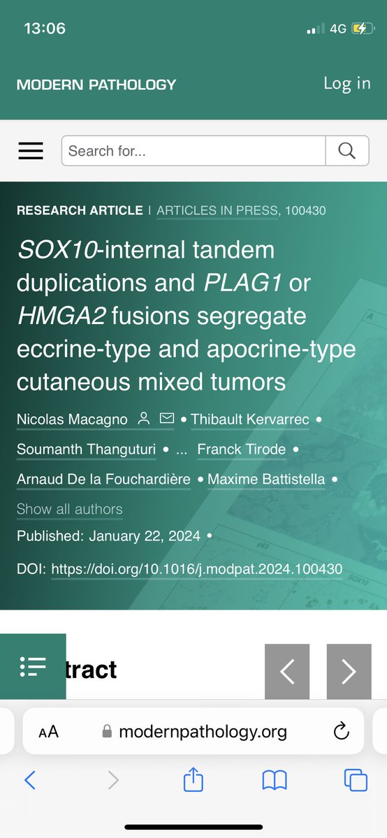 [new molecular driver]🧬 SOX10-ITD in eccrine cutaneous mixed tumor 
Proud to share this novel #caraderm teamwork just published in <a href="/ModernPathology/">Modern Pathology</a> 
Thanks to <a href="/NMacagnoMD/">Nicolas Macagno, MD, PhD</a> @thibaultkervarrec <a href="/melanopath/">Arnaud de la Fouchardiere MD, PhD</a>  and all contributors
(Link in thread)👇🏽