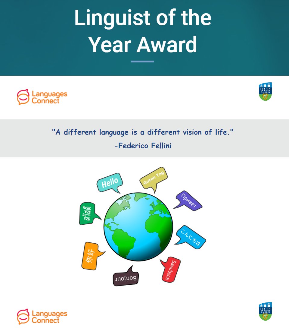 I'm delighted to launch my new language award for Primary and Post-Primary students called 'Linguist of the Year' in collaboration with <a href="/langsconnect_ie/">Languages Connect</a> <a href="/languages_ie/">Post-Primary Languages Ireland (PPLI)</a> &amp; my university of course <a href="/ucddublin/">University College Dublin</a> <a href="/SchoolofEdUCD/">UCD School of Education</a>. All details can be found here: tinyurl.com/Linguistaward ✨