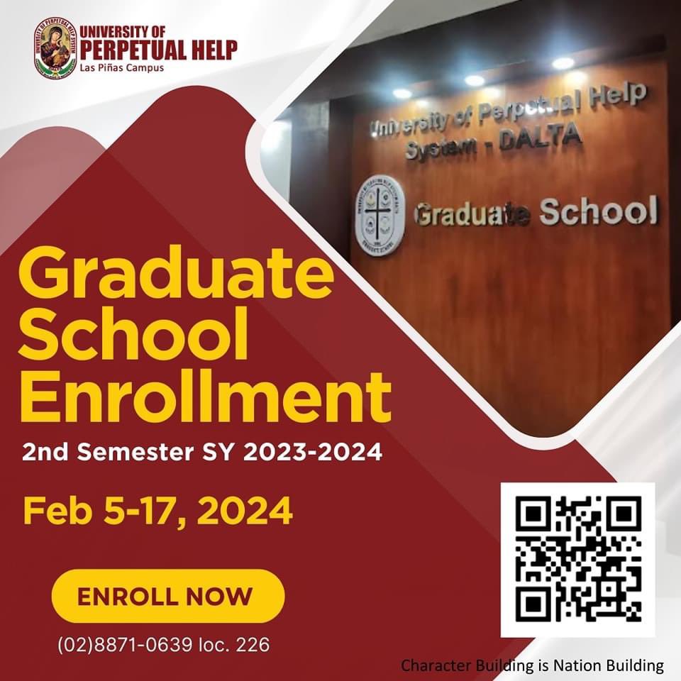 PerpetualLP's tweet photo. Embrace the journey of higher education. 📚 Enrollment for the 2nd semester SY 2023-2024 in Graduate School will be on 'February 5-17, 2024'

To register, please scan the QR code.

#BeAPerpetualite #GradSchool #PerpetualiteLearner https://t.co/fUJJwmgQc6