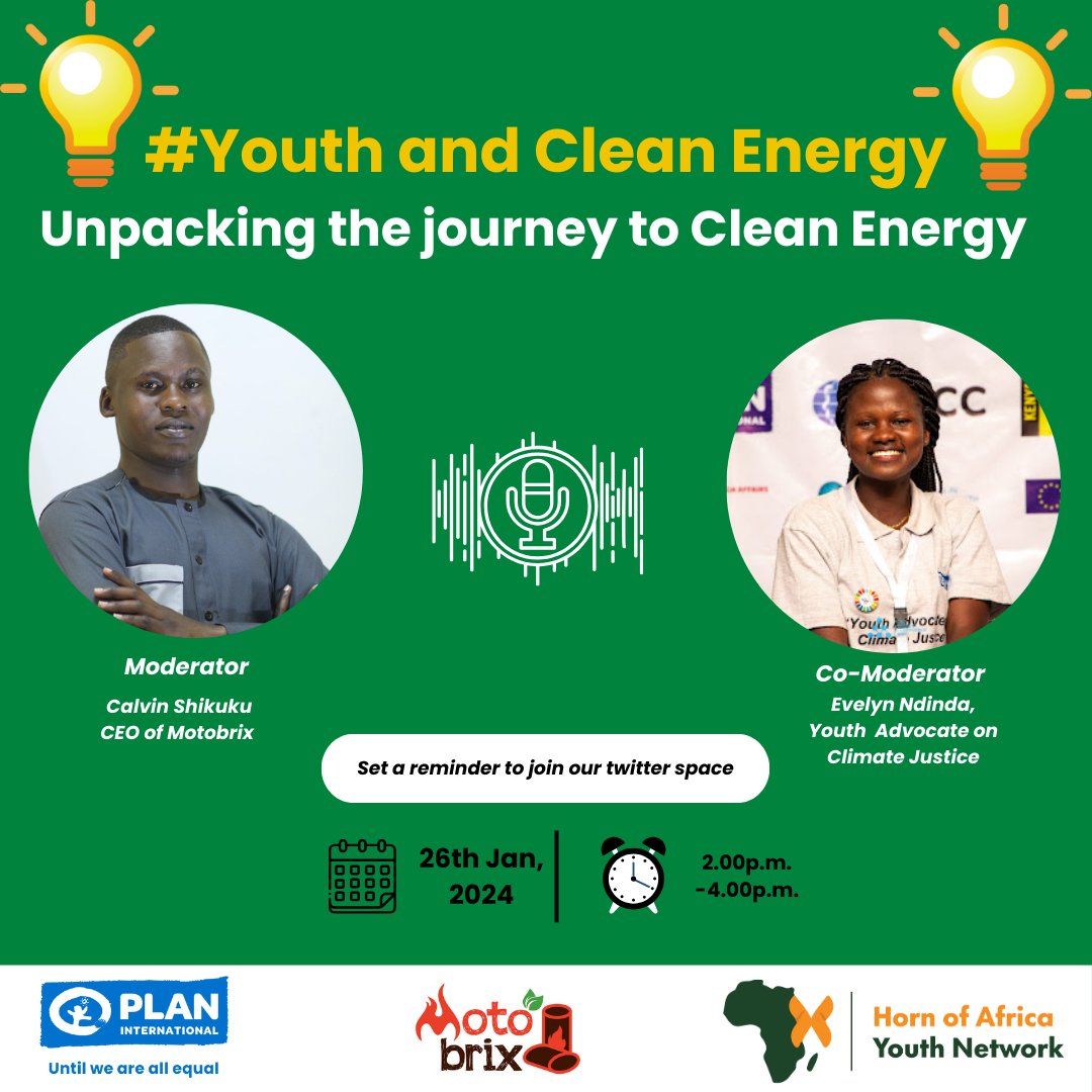 In observance of #internationalDayofCleanEnergy <a href="/PlanKenya/">Plan International Kenya</a> will be hosting a twitter space tomorrow as from 2.00 p.m. to 4.00 p.m. engaging with the youth on the journey to transitioning to clean energy.
Find the link here: x.com/i/spaces/1YpKk…
#EnergyTransition
