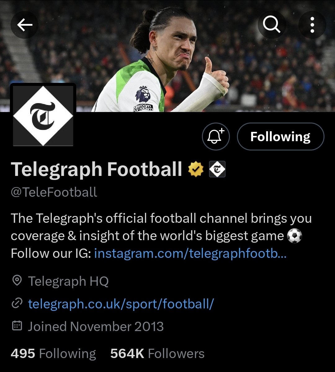 CkSlumpGod's tweet photo. Both @premierleague and @TeleFootball have Darwin Nunez as their header. 🐐🔥 https://t.co/qGsLuizrVW
