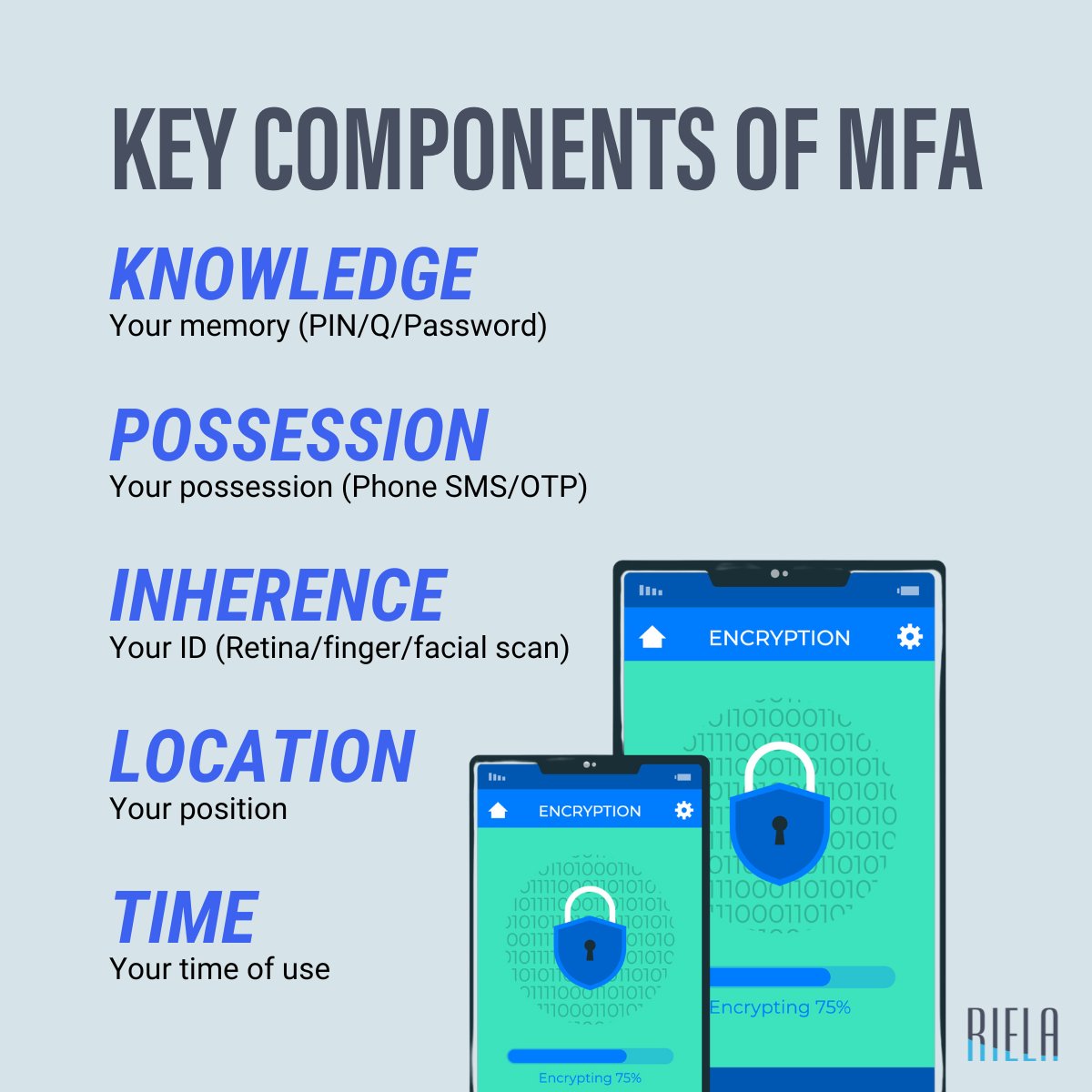 RielaTech's tweet photo. #TeamRiela always advocate the use of #MFA... but what actually is it? Here we explain the five key components that make up your multi-factor authentication. #SecurityAwareness #ManagedIT https://t.co/N4ZxfZfL03