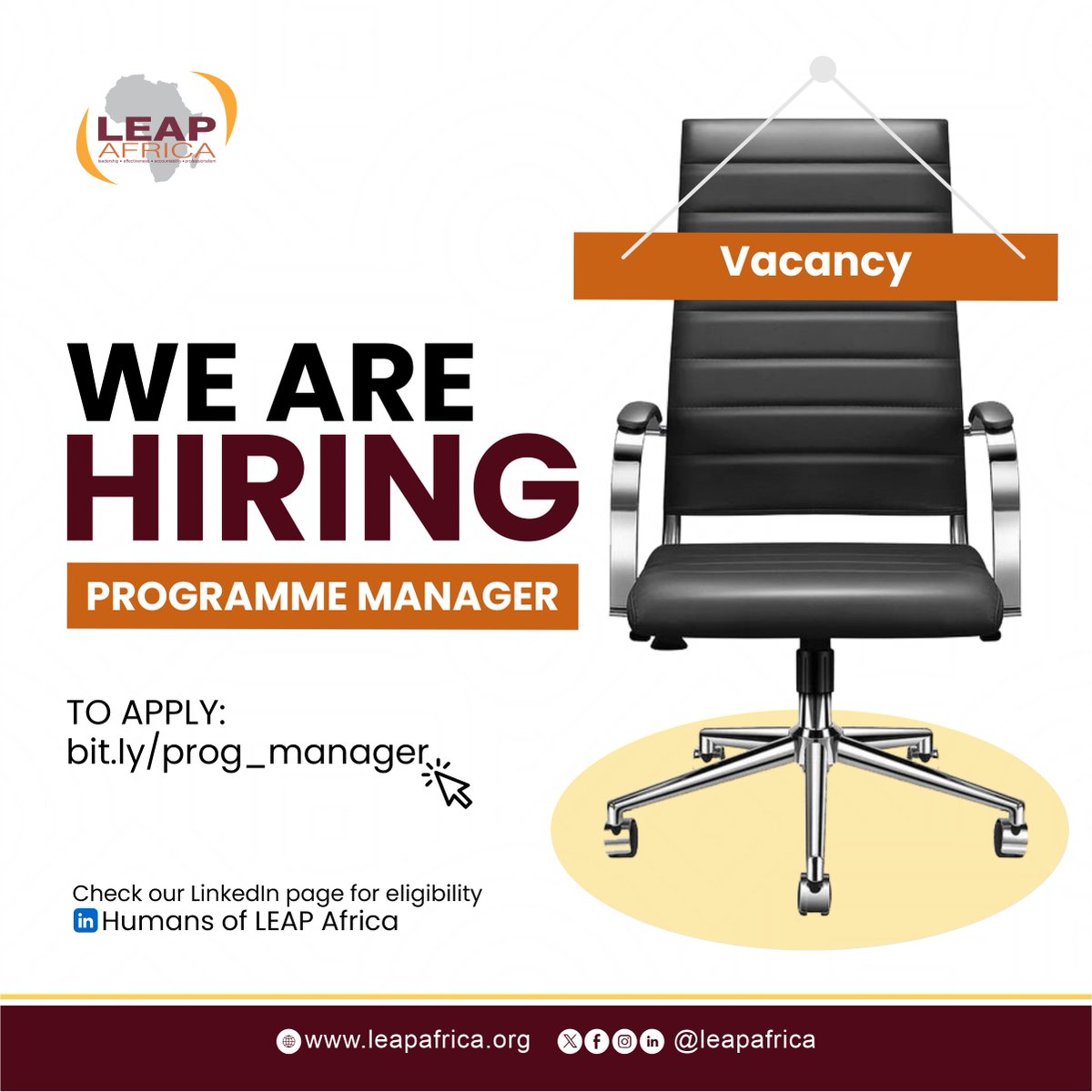 We’re #hiring. Know anyone who might be interested? To send your application, kindly use this link: zurl.co/V5p8 Kindly note that using the link above is the only acceptable method of application. Thank you for your interest in LEAP Africa.