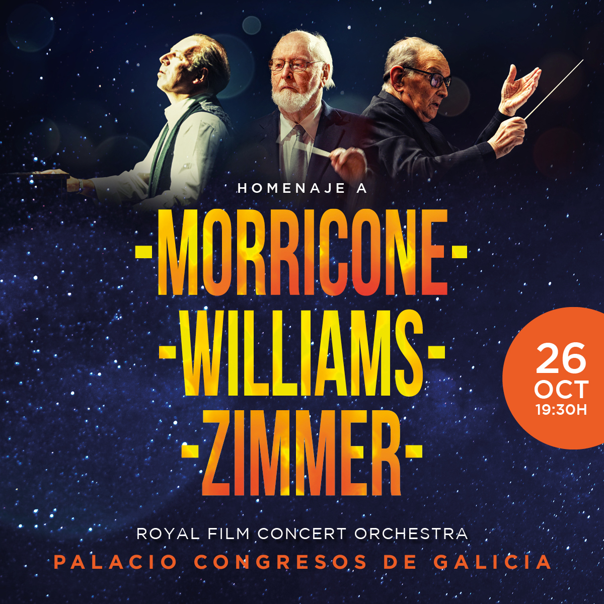 NUEVA FECHA
El 26 de octubre a las 19:30h en el <a href="/PALACIOCONGRES/">PALACIO SANTIAGO</a> de Santiago de Compostela, «The music of Morricone, Zimmer &amp; Williams».
Sus mejores bandas sonoras interpretadas por la Royal Film Concert Orchestra.
Más información y entradas en <a href="/teuticket/">teuticket</a>: teuticket.com/es/ver/the-mus…