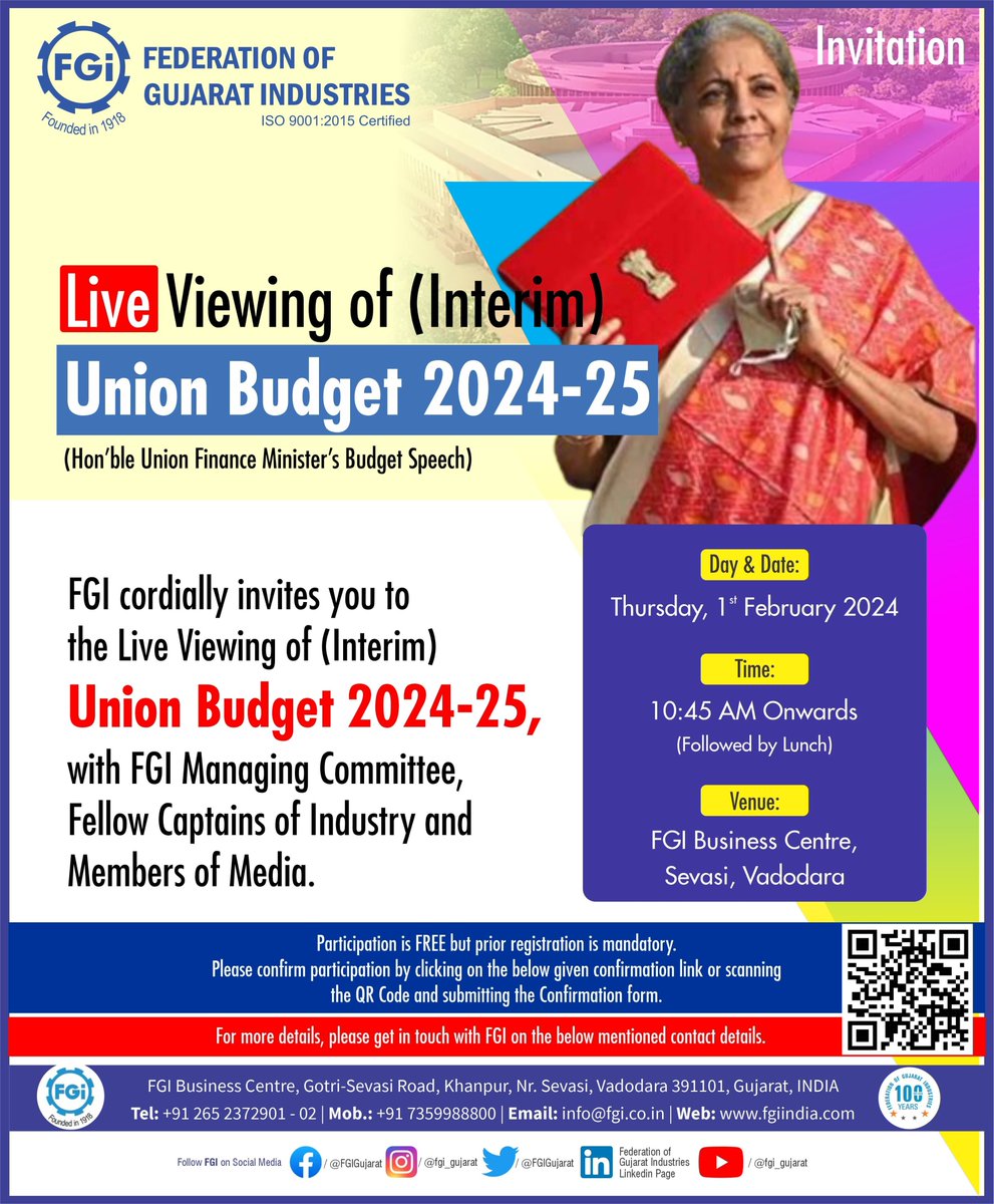 #Upcomingevent FGI cordially invites you to the Live Viewing of the Interim Union Budget 2024-25 with FGI Managing Committee Members, fellow industry leaders, and members of media on Thursday, 1st February 2024. Confirming participation here: forms.gle/eBEEbyHfnCDvsn…