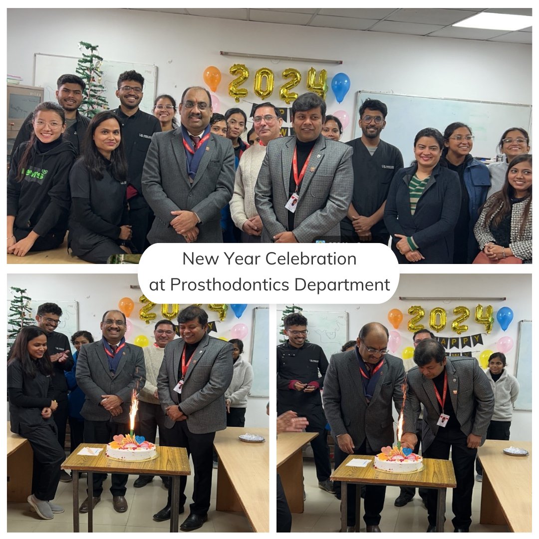 SantoshUniv's tweet image. The Department of #Prosthodontics at Santosh Dental College celebrated the #NewYear2024 with a gathering. Dean Dr. Akshay Bhargava, Head Dr. Rajiv Gupta, and faculty joined in a cake cutting ceremony, sharing wisdom and fostering unity among PGs and staff.