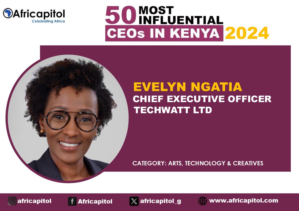 Africapitol Ventures (@africapitol_g) on Twitter photo 50 Most Influential CEOs in Kenya
Evelyn Ngatia <a href="/EvelynNgatia/">Evelyn Ngatia</a>
Techwatt
Arts,Technology & Creatives 50 Most Influential CEOs in Kenya
Evelyn Ngatia <a href="/EvelynNgatia/">Evelyn Ngatia</a>
Techwatt
Arts,Technology & Creatives