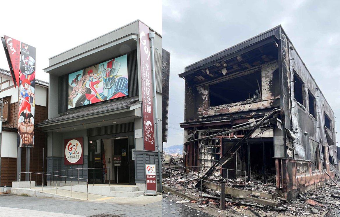 arakichi1969's tweet photo. 【希望の光】
能登半島地震の火災により壊滅的な被害にあった輪島朝市にあった輪島出身の漫画家永井豪氏の記念館。
貴重な展示物が失われたと誰もが思ったあの記念館がなんと展示物は無事とのニュース!!
あの黒焦げの建物の中によくぞ残ったことか
これは輪島復興の希望の光になるはず。
本当に良かった！