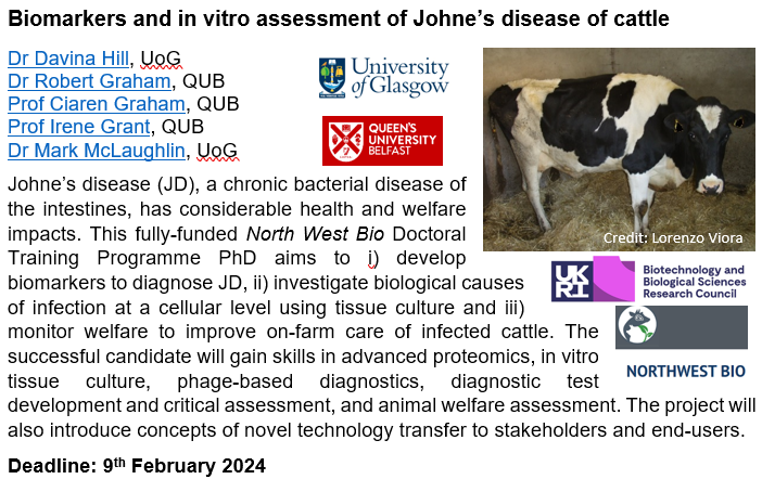 Davina Hill @davinahill.bsky.social (@davina_hill) on Twitter photo Fully-funded <a href="/NorthWestBio1/">BBSRCNorthWestBio</a> <a href="/BBSRC/">Biotechnology and Biological Sciences Research</a> PhD studentship on Johne's disease in cattle 🐄based at <a href="/UofGlasgow/">University of Glasgow</a> in collaboration with <a href="/QUBelfast/">Queen's University Belfast 🎓</a> .
For further information or to apply: gla.ac.uk/postgraduate/d…
📅Deadline: 9th February 2024
🔁Please share widely Fully-funded <a href="/NorthWestBio1/">BBSRCNorthWestBio</a> <a href="/BBSRC/">Biotechnology and Biological Sciences Research</a> PhD studentship on Johne's disease in cattle 🐄based at <a href="/UofGlasgow/">University of Glasgow</a> in collaboration with <a href="/QUBelfast/">Queen's University Belfast 🎓</a> .
For further information or to apply: gla.ac.uk/postgraduate/d…
📅Deadline: 9th February 2024
🔁Please share widely