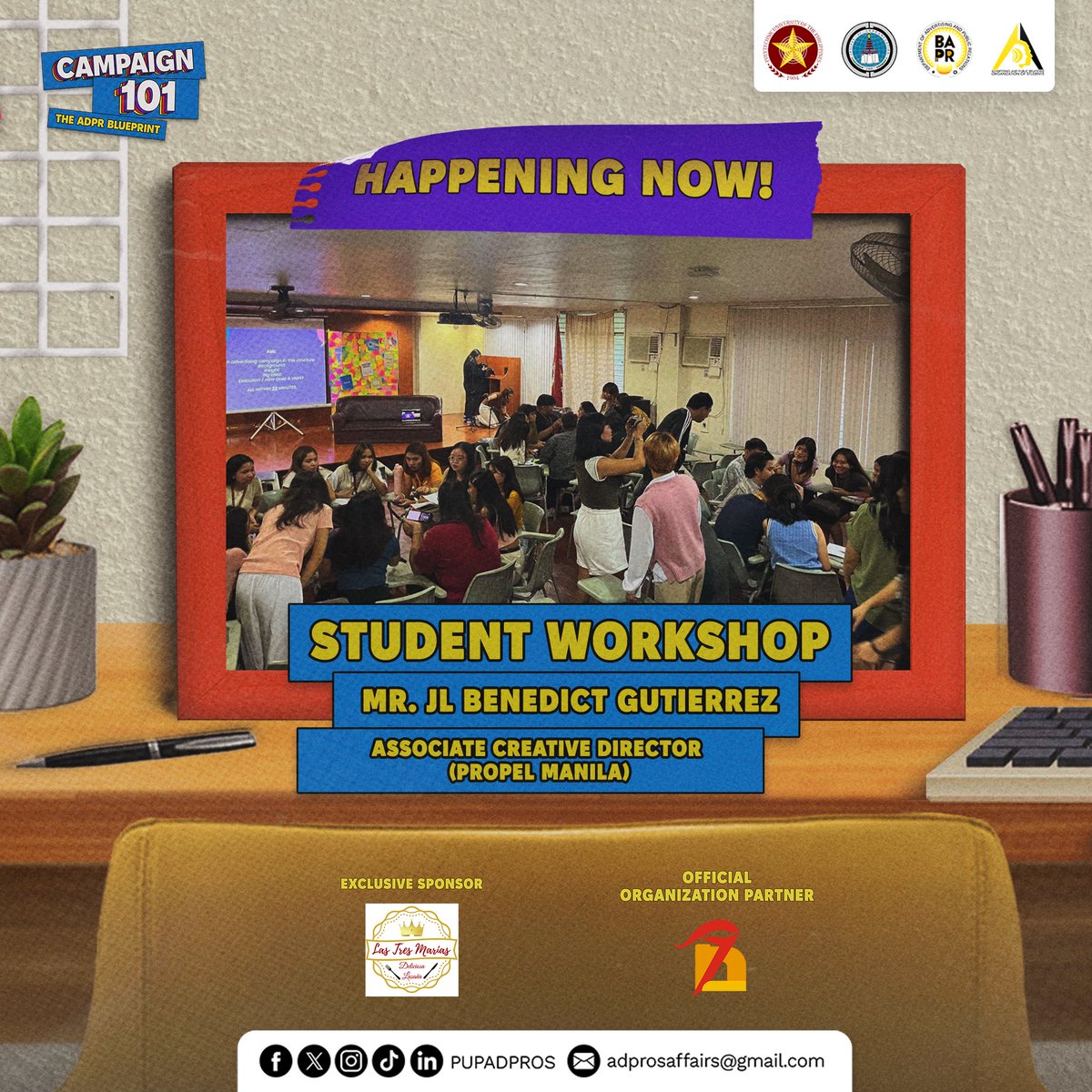 PUPADPROS's tweet photo. LIVE UPDATE!
Catch the moment as the participants further their learning with an exciting workshop from Mr. JL Benedict Gutierrez, Associate Creative Director of Propel Manila.
Here on Campaign101: The ADPR Blueprint.
#Campaign101
#TheADPRBlueprint
#ADPRosper https://t.co/11Aw0a1g8O