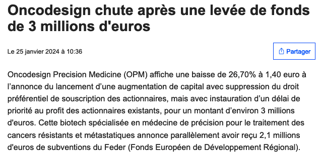 Patrick_trader_'s tweet photo. Pas terrible ce matin sur #oncodesign: augmentation de capital de 3 M€ à un prix de 1.32€ ! https://t.co/a6DfLBLovM