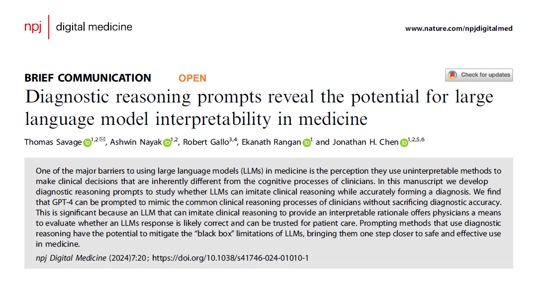 Mitigating the 'black box' of AI: LLMs can imitate diagnostic reasoning strategies when solving clinical cases &amp; provide an interpretable means to assess if the generated answer is true/false based on the diagnostic reasoning's factual &amp; logical accuracy.

nature.com/articles/s4174…