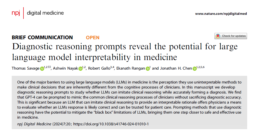 Mitigating the 'black box' of AI: LLMs can imitate diagnostic reasoning strategies when solving clinical cases & provide an interpretable means to assess if the generated answer is true/false based on the diagnostic reasoning's factual & logical accuracy. nature.com/articles/s4174…