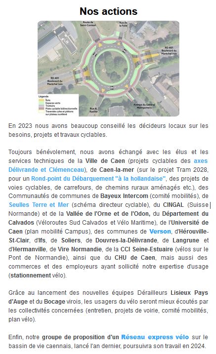 Venez échanger sur votre quotidien à vélo lors de notre Assemblée générale ce samedi 27 janvier et lors de nos rencontres mensuelles, balades et parcours-découverte à vélo, stands d'information et de marquage. Agenda sur le site derailleurs-calvados.fr), groupes de travail etc.