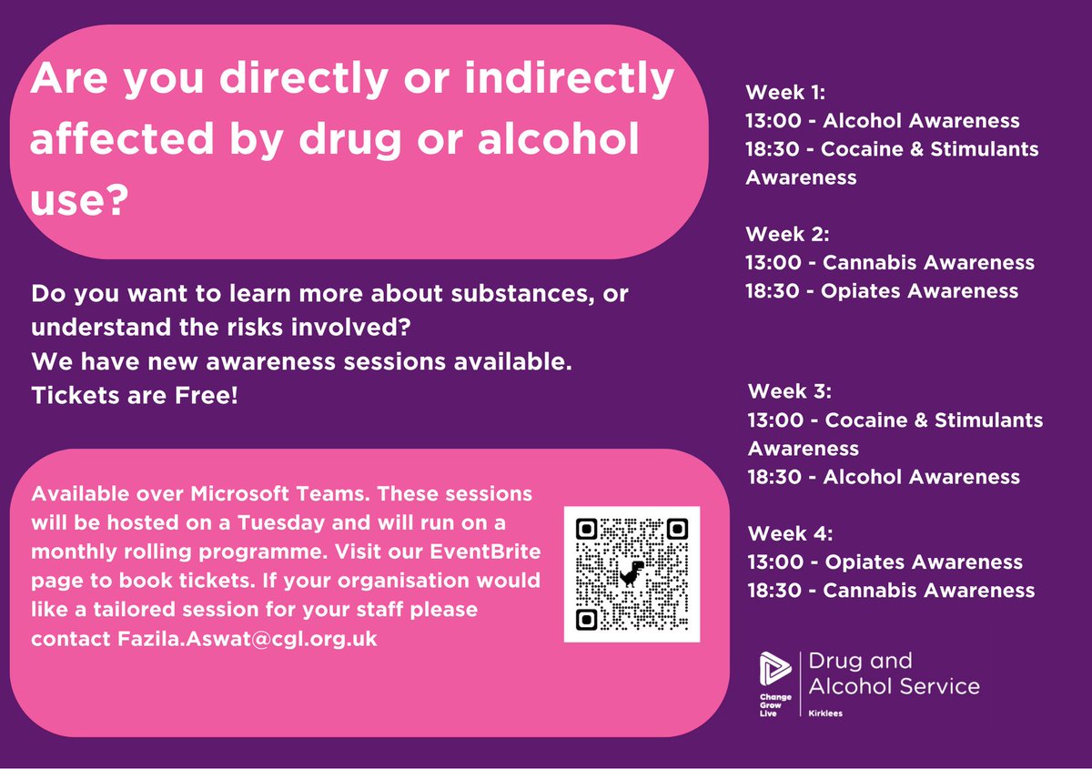 Do you want to know more about specific substances? The effects they have? The dangers? The support we offer?
Come and join our free online awareness session. Scan the QR code in the image below or follow this link to find tickets on our Eventbrite page:

eventbrite.co.uk/o/change-grow-…