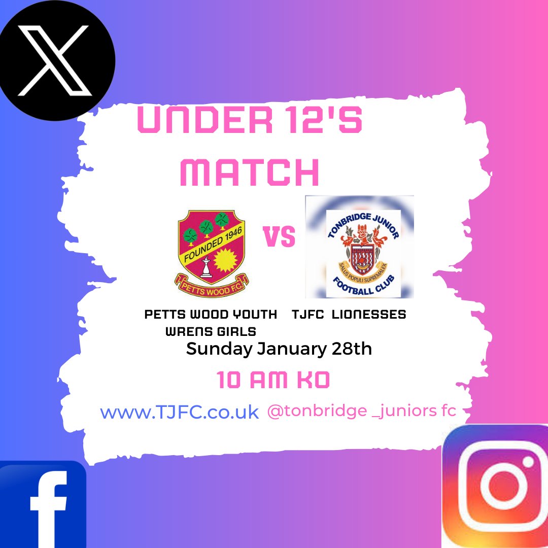 Under 12's Girls Fixture (Sunday 28th January)

TJFC Lionesses are away to @PettsWood_FC  KO is 10 am.
@KentFA  @KGLFL #Under12Girls #Girlsfootball #Away #PettsWood #tonbridgejuniorsfc #TJFC #Girlsfootball #Girlscanplaytoo #lionesses