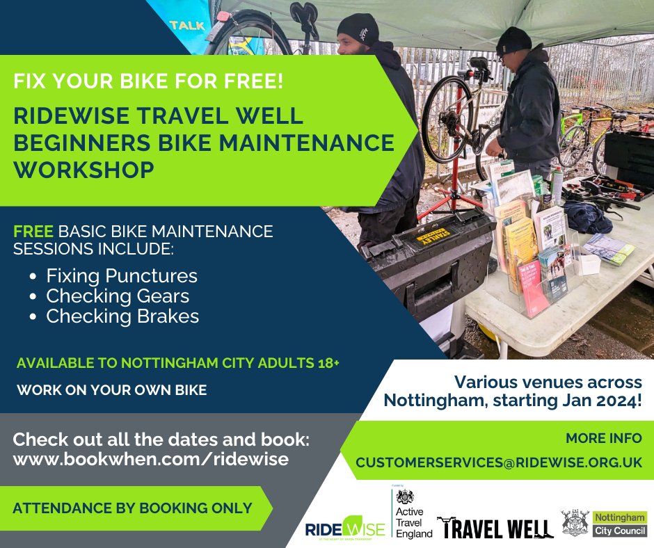 Nottingham City Residents - FREE, Beginners Bike Maintenance Workshops! Adults 18+. Learn the basics of servicing your own bike with our experienced bicycle mechanic! Bring your bike and we’ll provide tools. Loads of dates available to book! bookwhen.com/ridewise